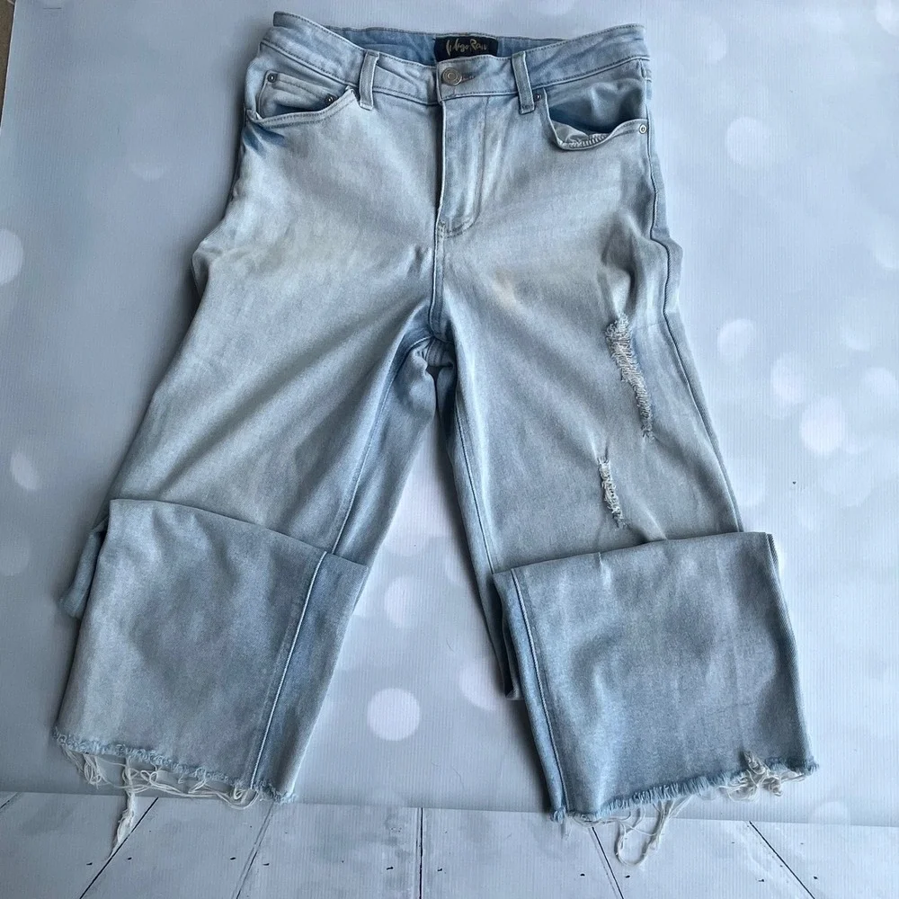 Indigo Rein Light Wash High Rise Distressed Wide Leg Jeans Size 11/29 Frayed Hem